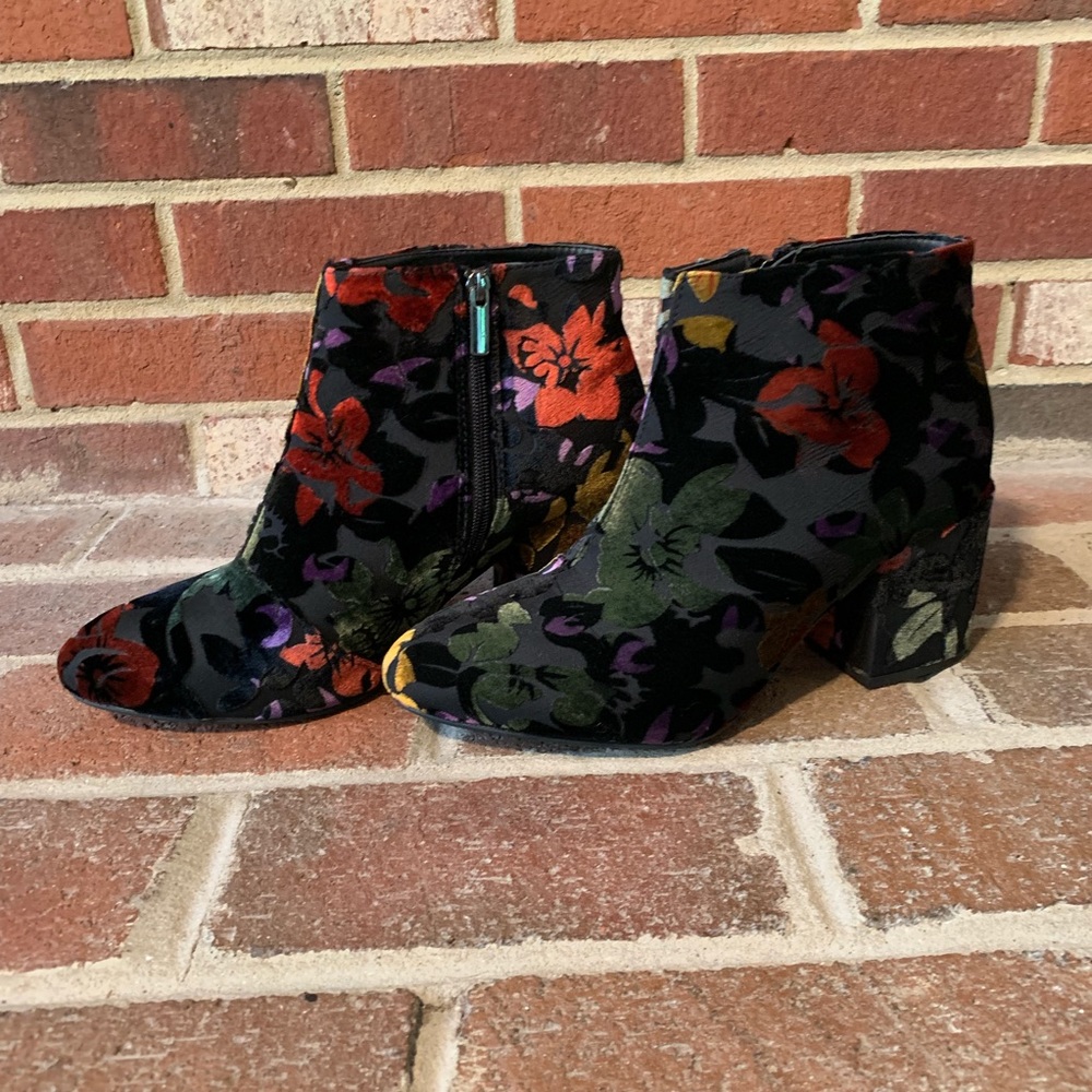 Floral suede block heel boots